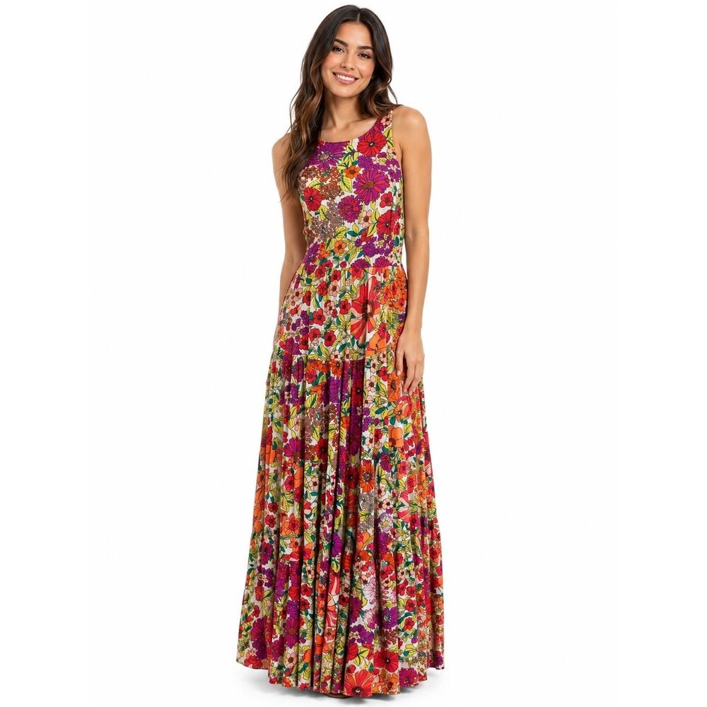 Natural Life Maxi Dress Women L Black Floral Boho Tiered Smocked Spaghetti Strap